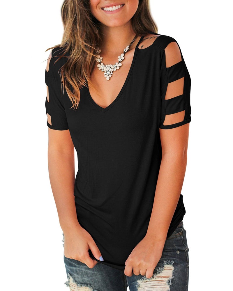 Jescakoo Summer Tops Cut Out Shoulder T Shirts for Women Short Sleeve Blouses Spring Business Casual Outfits Black M - Image 2